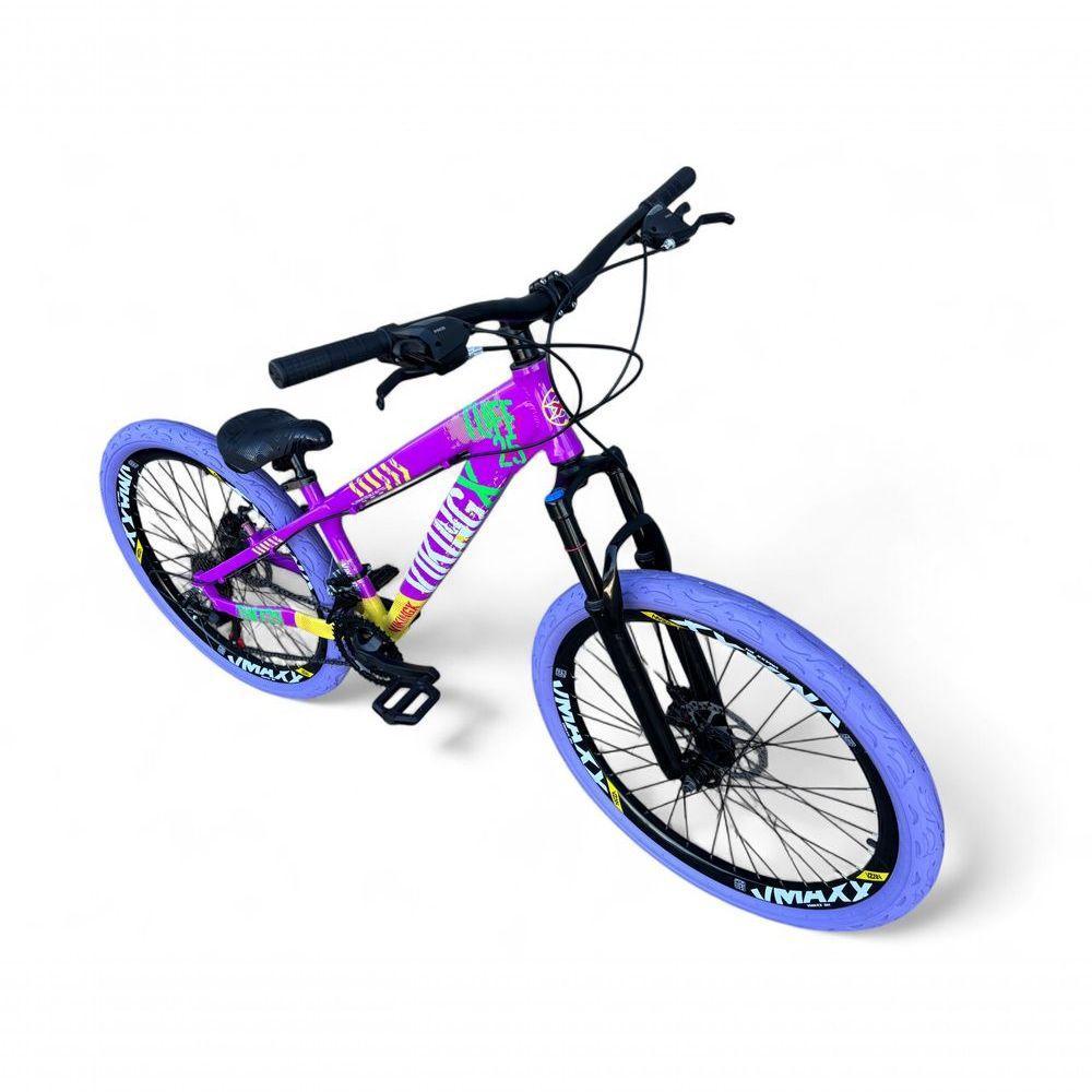 Bicicleta Aro 26 Vikingx Tuff X25 Freeride Câmbios Shimano 21v Freio A Disco Aros Vmaxx Pneu Flame - Roxo-amarelo - 2