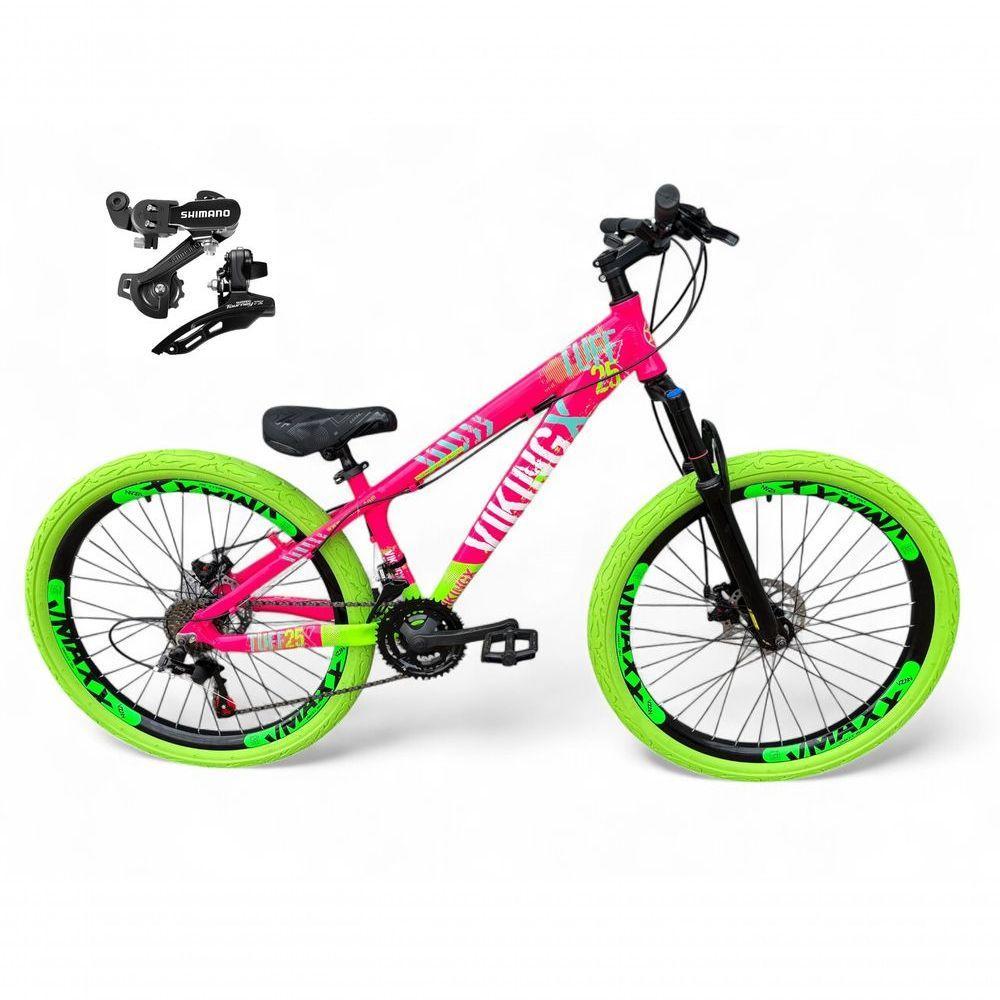Bicicleta Aro 26 Vikingx Tuff X25 Freeride Câmbios Shimano 21v Freio A Disco Aros Vmaxx Pneu Flame - Rosa-verde - 1