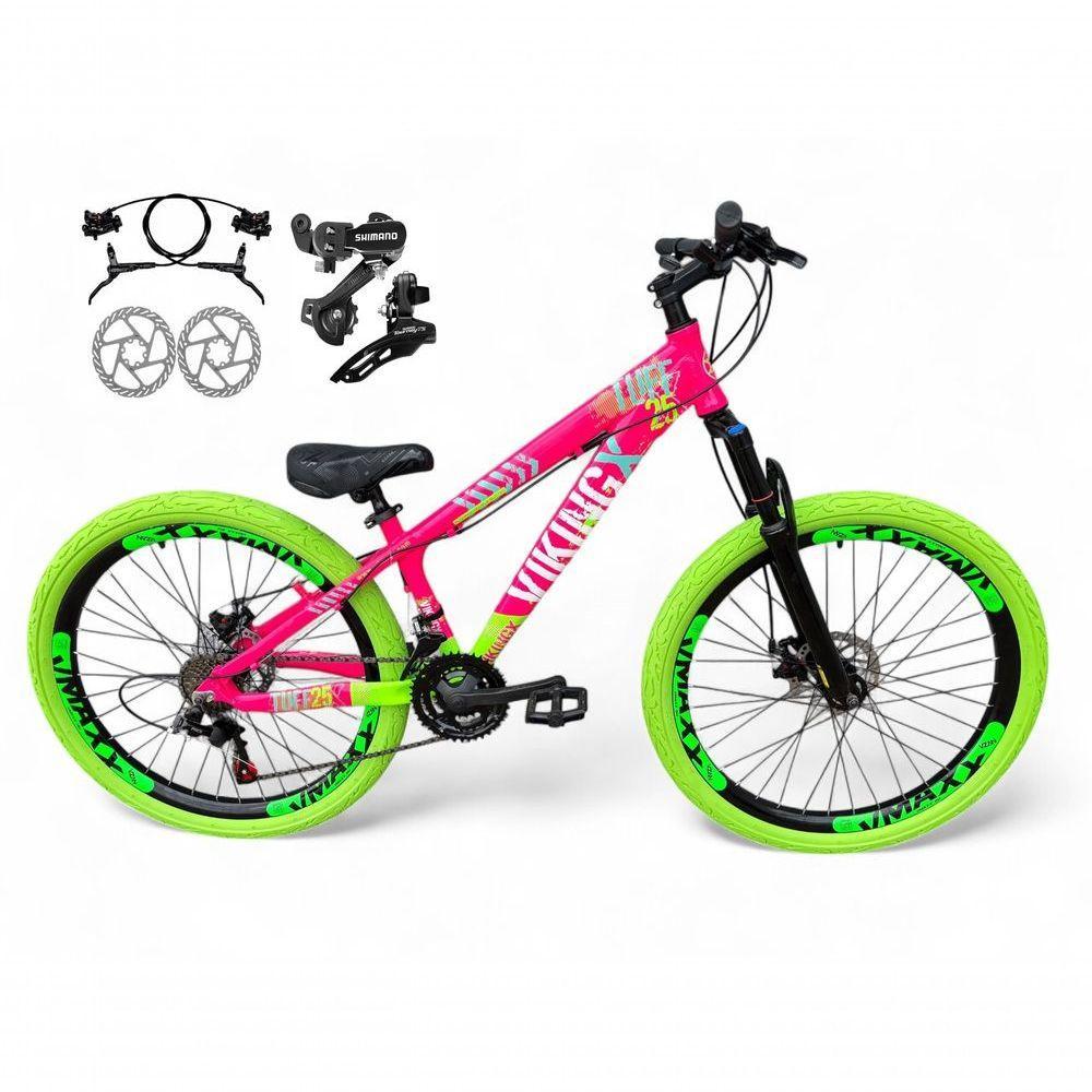 Bicicleta Aro 26 Vikingx Tuff X25 Freeride Câmbios Shimano 21v Freio A Disco Aros Vmaxx Pneu Flame - Rosa-verde - 1