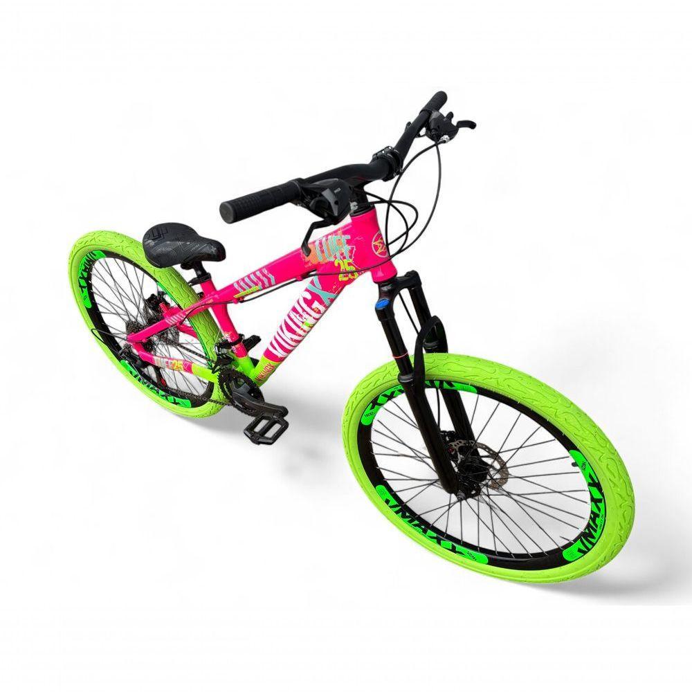 Bicicleta Aro 26 Vikingx Tuff X25 Freeride Câmbios Shimano 21v Freio A Disco Aros Vmaxx Pneu Flame - Rosa-verde - 2