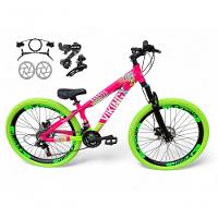 Bicicleta Aro 26 Vikingx Tuff X25 Freeride Câmbios Shimano 21v Freio A Disco Aros Vmaxx Pneu Flame - Rosa-verde - 1
