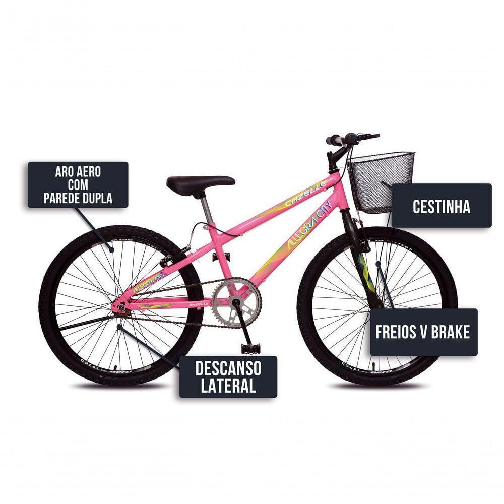Bicicleta Allegra City Aro 24 Sem Marchas Freios V-brake E Cestão Colli Rosa Neon - 5