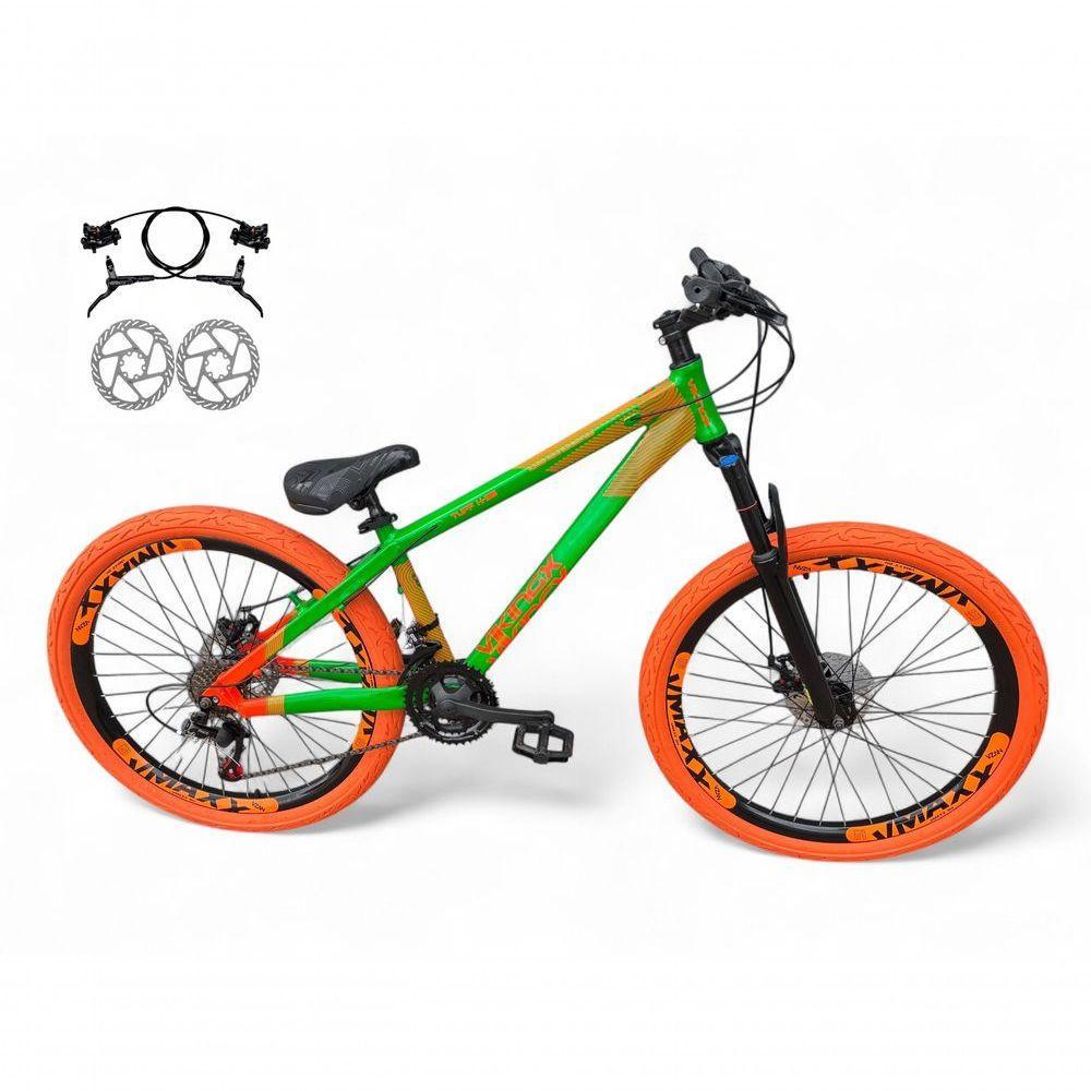 Bicicleta Aro 26 Vikingx Tuff X35 Freeride Freio Hidráulico 21v Aros Vmaxx Dh Pneu Flame - Verde-laranja - 1