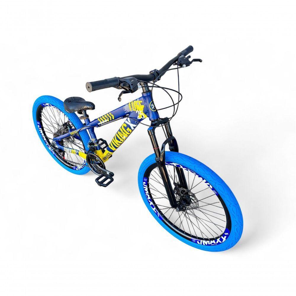 Bicicleta Aro 26 Vikingx Tuff X25 Freeride Freio Hidráulico 21v Aros Vmaxx Dh Pneu Flame - Azul/amarelo - 4