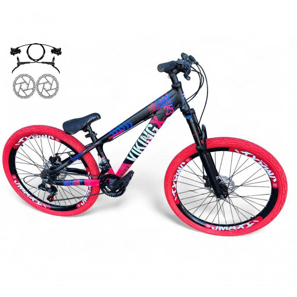 Bicicleta Aro 26 Vikingx Tuff X25 Freeride Freio Hidráulico 21v Aros Vmaxx Dh Pneu Flame - Preto-rosa - 1