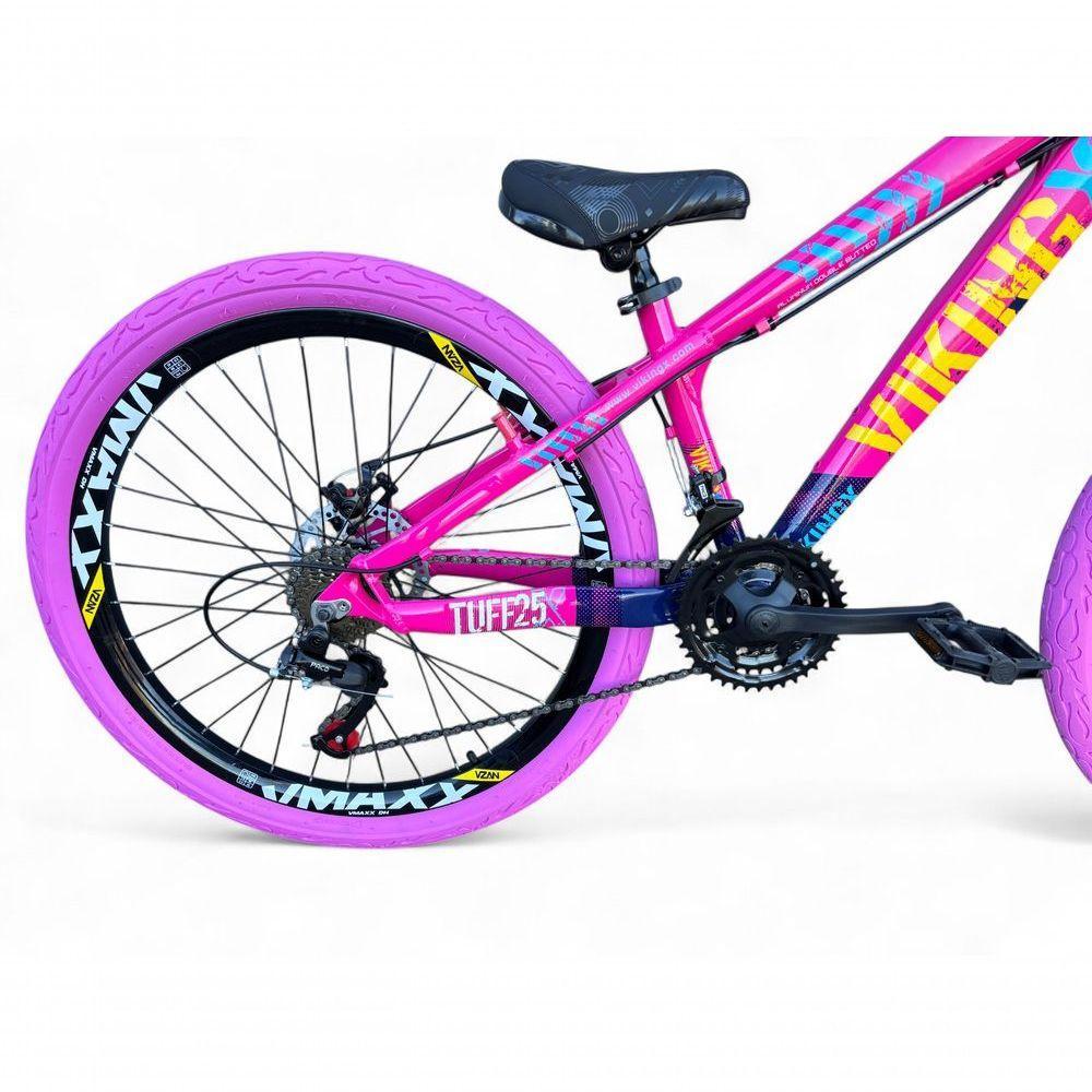 Bicicleta Aro 26 Vikingx Tuff X25 Freeride Freio Hidráulico 21v Aros Vmaxx Dh Pneu Flame - Rosa-azul - 4