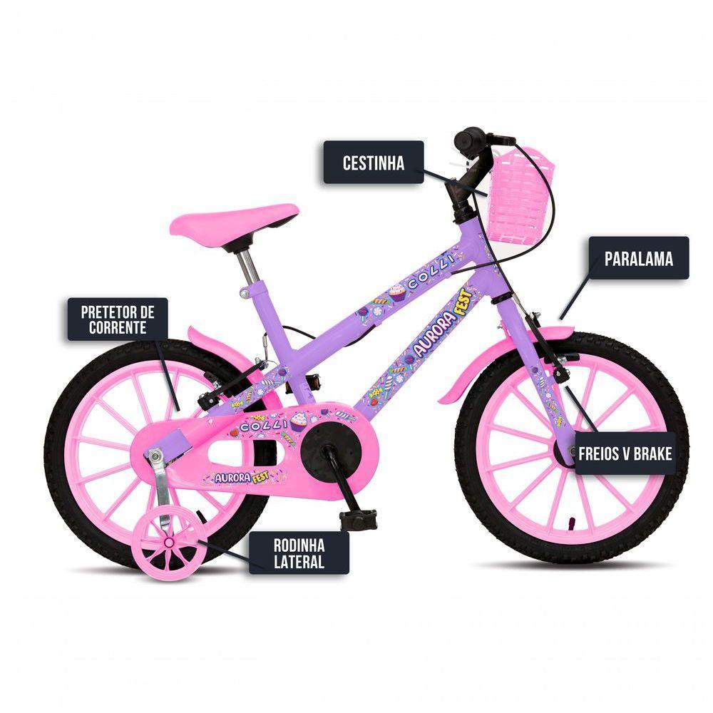 Bicicleta Aurora Fest, Aro 16, Com Freios V-brake, Com Rodas De Apoio, Capa Corrente E Cestinha Lilás - 5