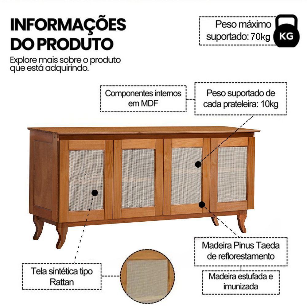 Buffet Aparador Premium Tela 4p Madeira Deltan - Castanho - 3