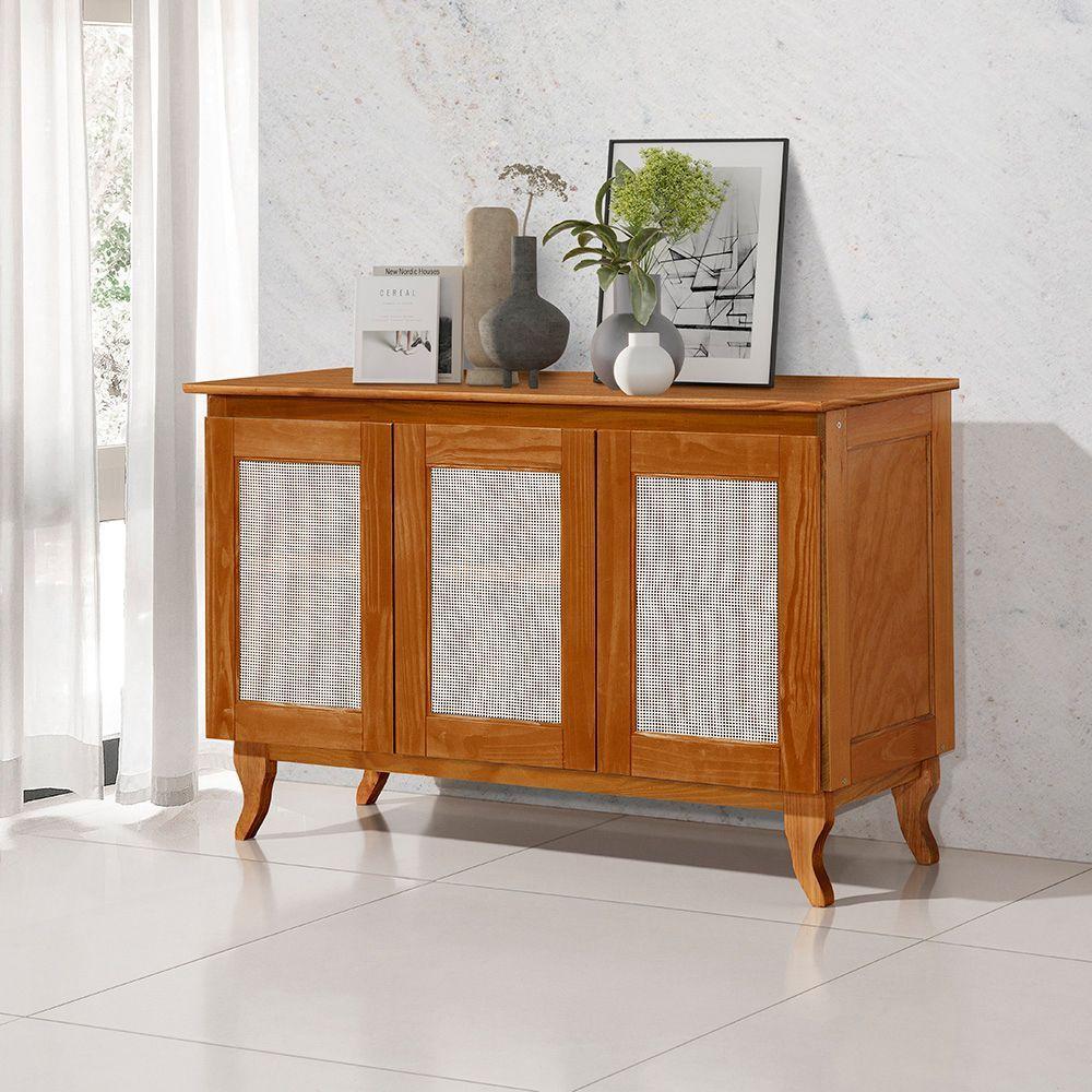 Buffet Aparador Com Telinha Palha Deltan Madeira 3p - Castanho - 1