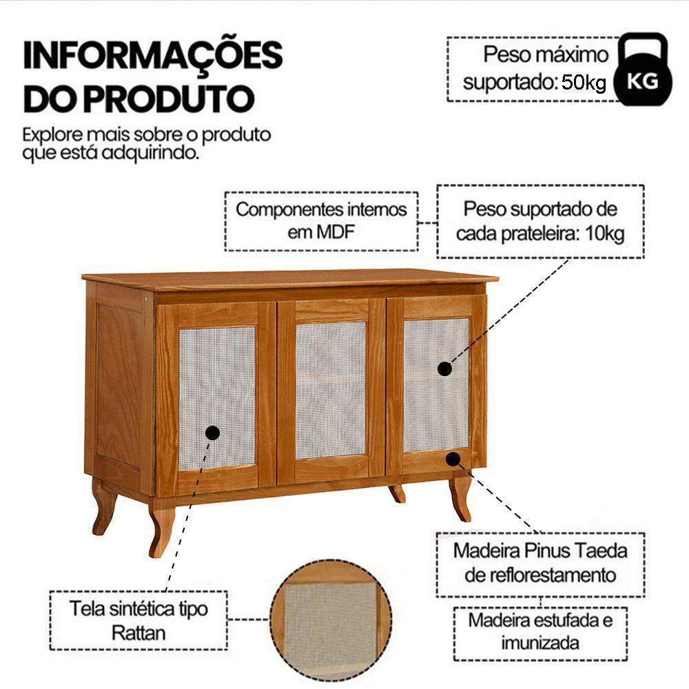Buffet Aparador Com Telinha Palha Deltan Madeira 3p - Castanho - 3