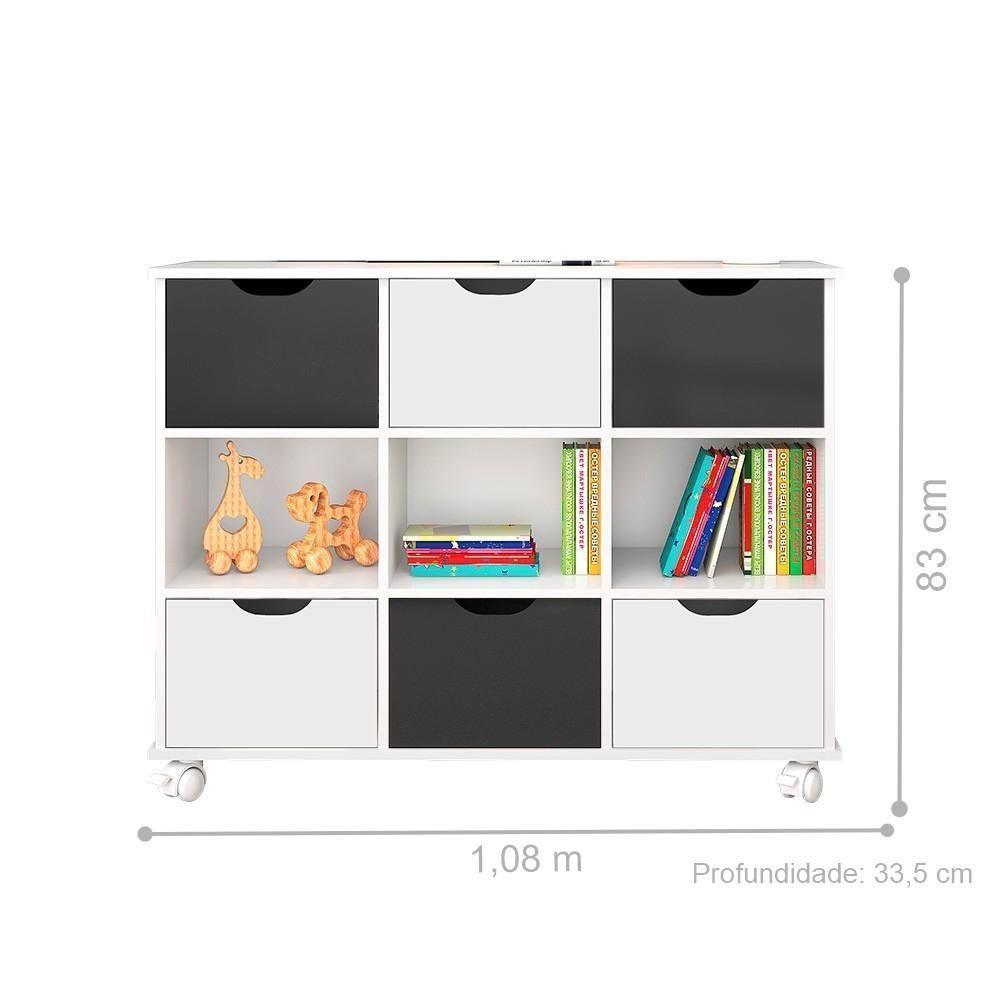 Conjunto Nicho Organizador Kenya 9 Espaços Com Rodízios Branco + Kit 3 Gavetas Brancas + Kit 3 Gavetas Pretas - 2