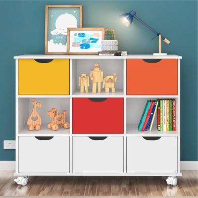Conjunto Nicho Organizador Kenya 9 Espaços Com Rodízios Branco + Kit 3 Gavetas Brancas + Kit 3 Gavetas Coloridas