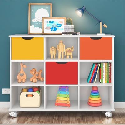 Conjunto Nicho Organizador Kenya 9 Espaços Com Rodízios Branco + Kit 3 Gavetas Coloridas