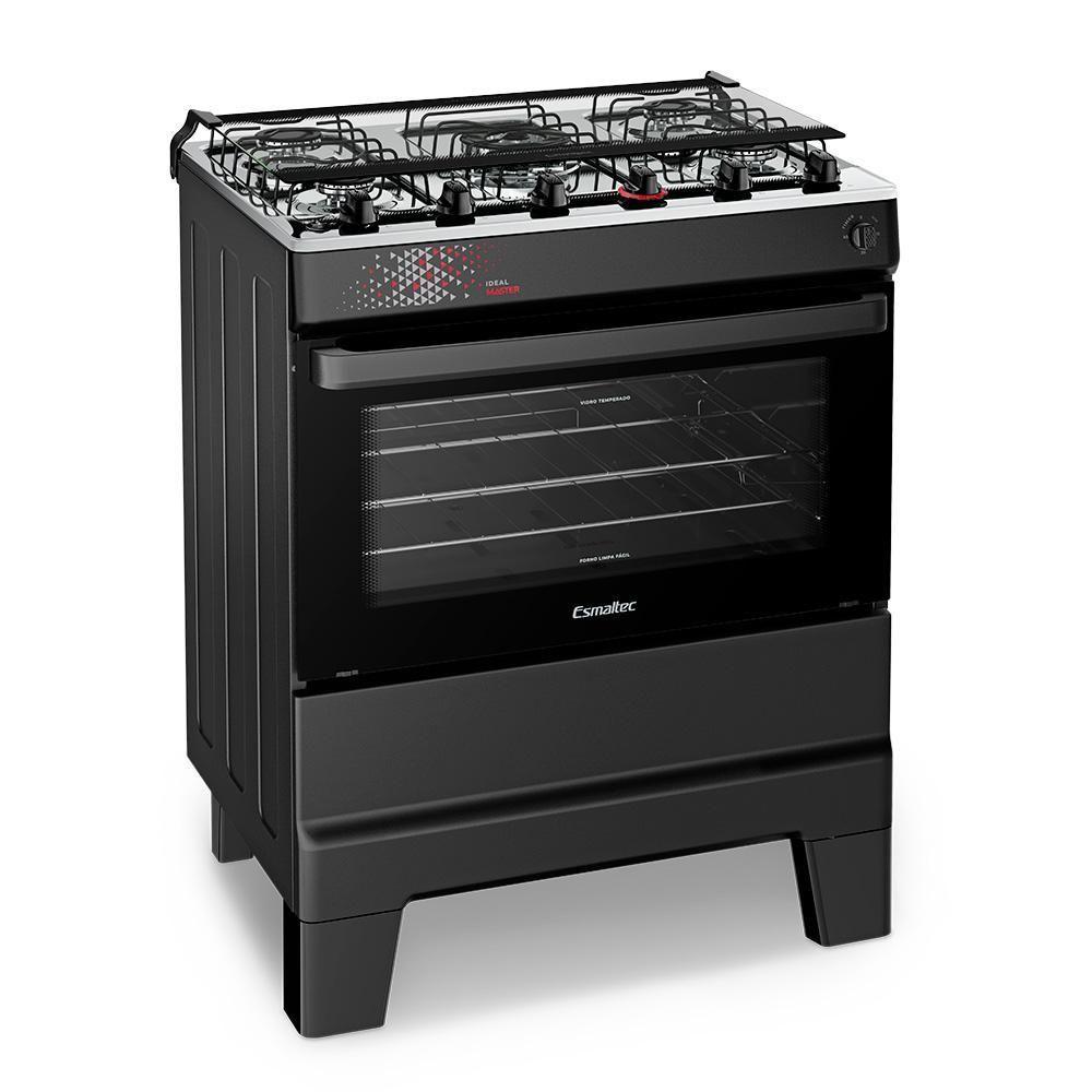 Fogão A Gás Mesa Inox Tampa De Vidro Forno 84L Esmaltec Ideal Master Preto 5 Bocas Bivolt - 1