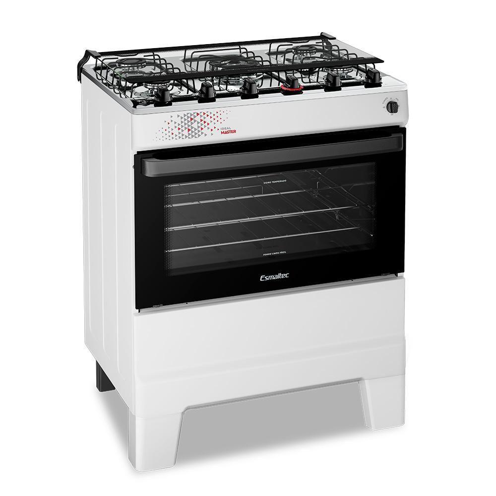 Fogão A Gás Mesa Inox Tampa De Vidro Forno 84L Esmaltec Ideal Master Branco 5 Bocas Bivolt - 1