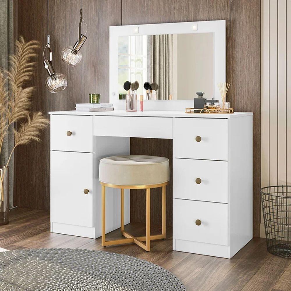 Cômoda Camarim Sonhos 121cm 5 Gavetas Com Espelho E Luminárias De Led Branco Sj Móveis E Decoração - 1