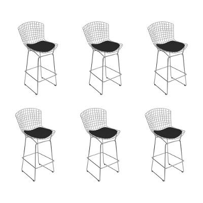 Kit 6 Banquetas Alta Bistrô Bertoia Cromada D70 Com Assento Sintético Preto
