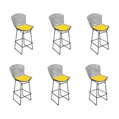 Kit 6 Banquetas Bistrô Bertoia Preta D70 Com Assento Amarelo