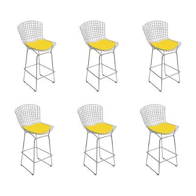 Kit 6 Banquetas Bistrô Bertoia Cromada D60 Com Assento Sintético Amarelo