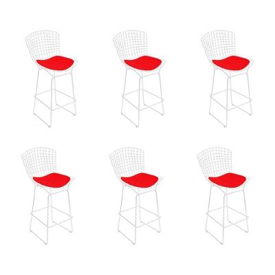 Kit 6 Banquetas Bistrô Bertoia Branca D80 Com Assento Vermelho