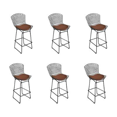 Kit 6 Banquetas Alta Bistrô Bertoia Preta D80 Com Assento Marrom