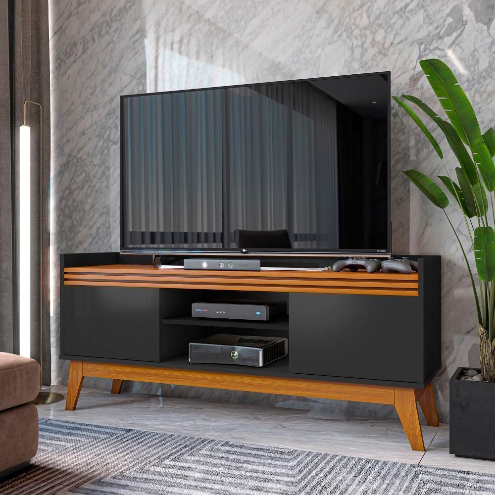 Rack Tv Ripado 50 Polegadas Com 2 Portas Monaco - Preto E Cedro - 1