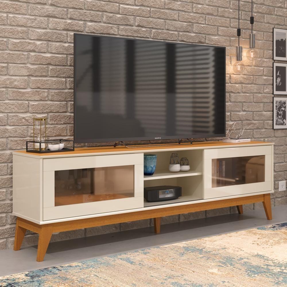 Rack Tv 65 Polegadas Com 2 Portas De Vidro Reflecta Lince - Off White E Cedro - 1