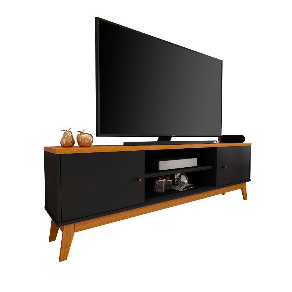 Rack Tv 75 Polegadas Com 2 Portas E Prateleira Riviera - Preto E Cedro - 6