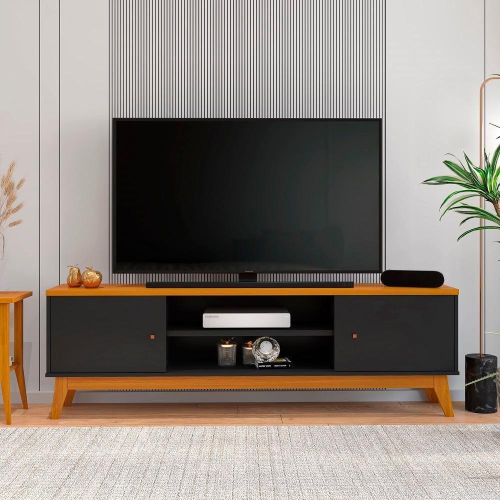 Rack Tv 75 Polegadas Com 2 Portas E Prateleira Riviera - Preto E Cedro - 7