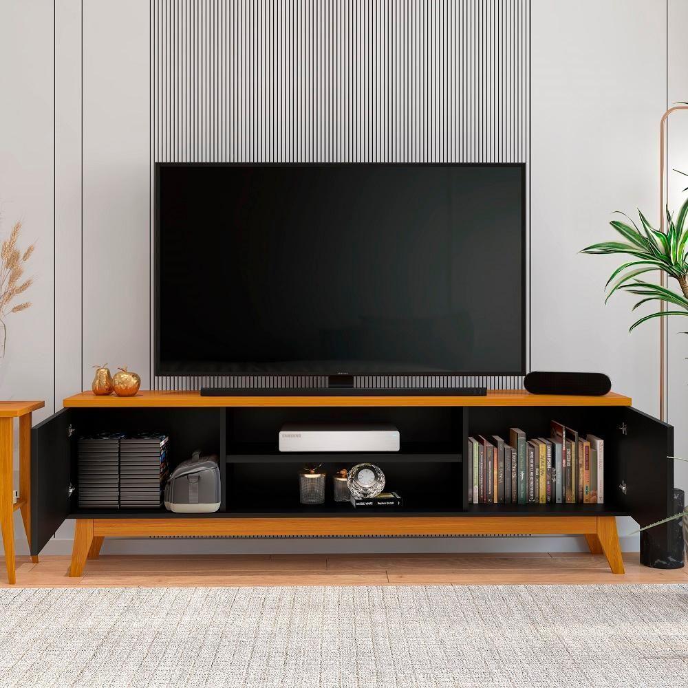 Rack Tv 75 Polegadas Com 2 Portas E Prateleira Riviera - Preto E Cedro - 8