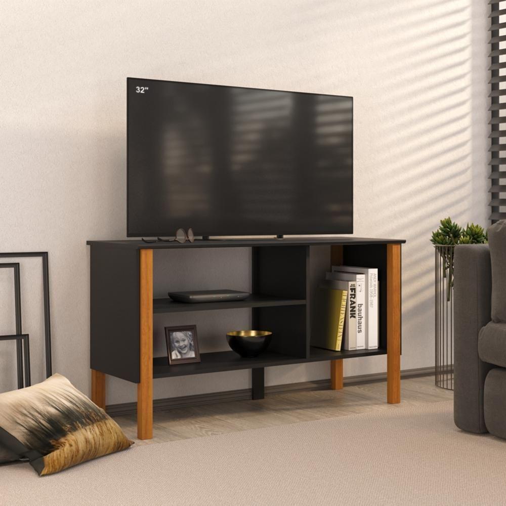 Rack Tv 43 Polegadas 90cm Com 3 Prateleiras Asteca - Preto E Cedro - 1