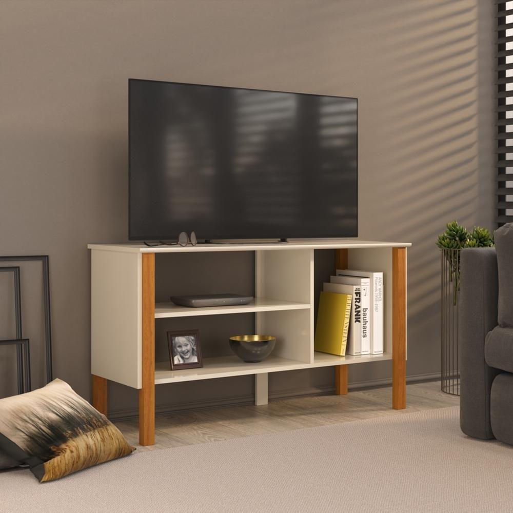 Rack Tv 43 Polegadas 90cm Com 3 Prateleiras Asteca - Off White E Cedro - 1