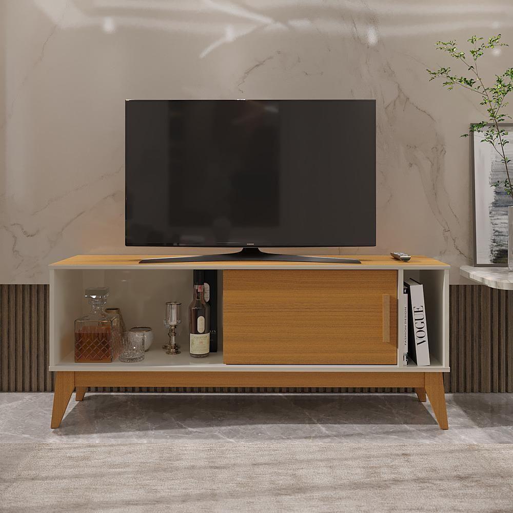 Rack Tv 55 Polegadas 1 Porta E Puxador De Madeira Arizona - Off White E Cedro - 7