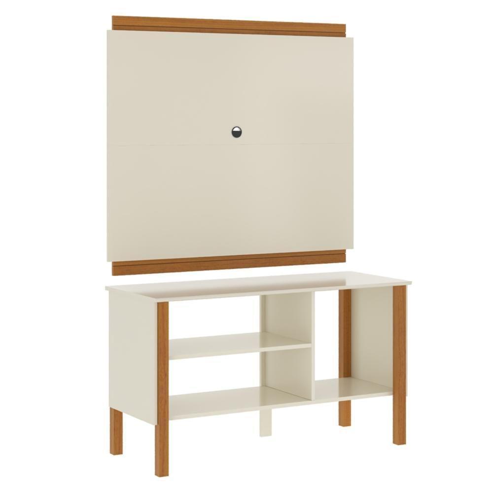 Rack Tv 32 Polegadas Com 3 Prateleiras E Painel 90cm Asteca - Off White E Cedro - 6