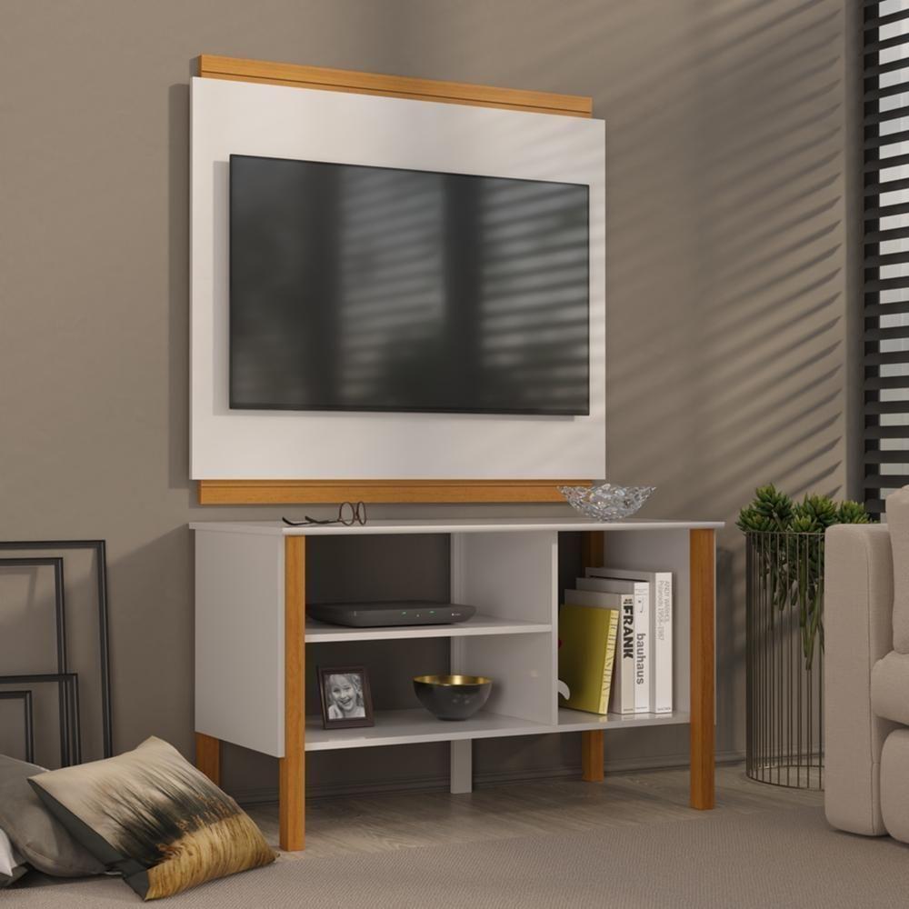 Rack Tv 32 Polegadas Com 3 Prateleiras E Painel 90cm Asteca - Branco E Cedro Branco E Cedro - 1
