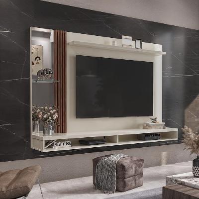 Painel Ripado Tv 55 Polegadas Suspenso Com Espelho Sarabi - Off White E Naturale