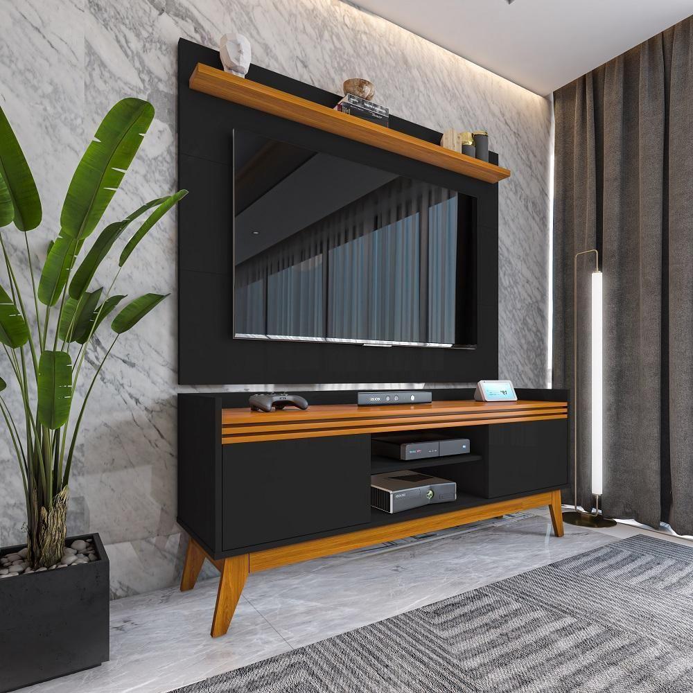 Painel Ripado Com Rack Tv 50 Polegadas 136cm Monaco - Preto E Cedro - 1