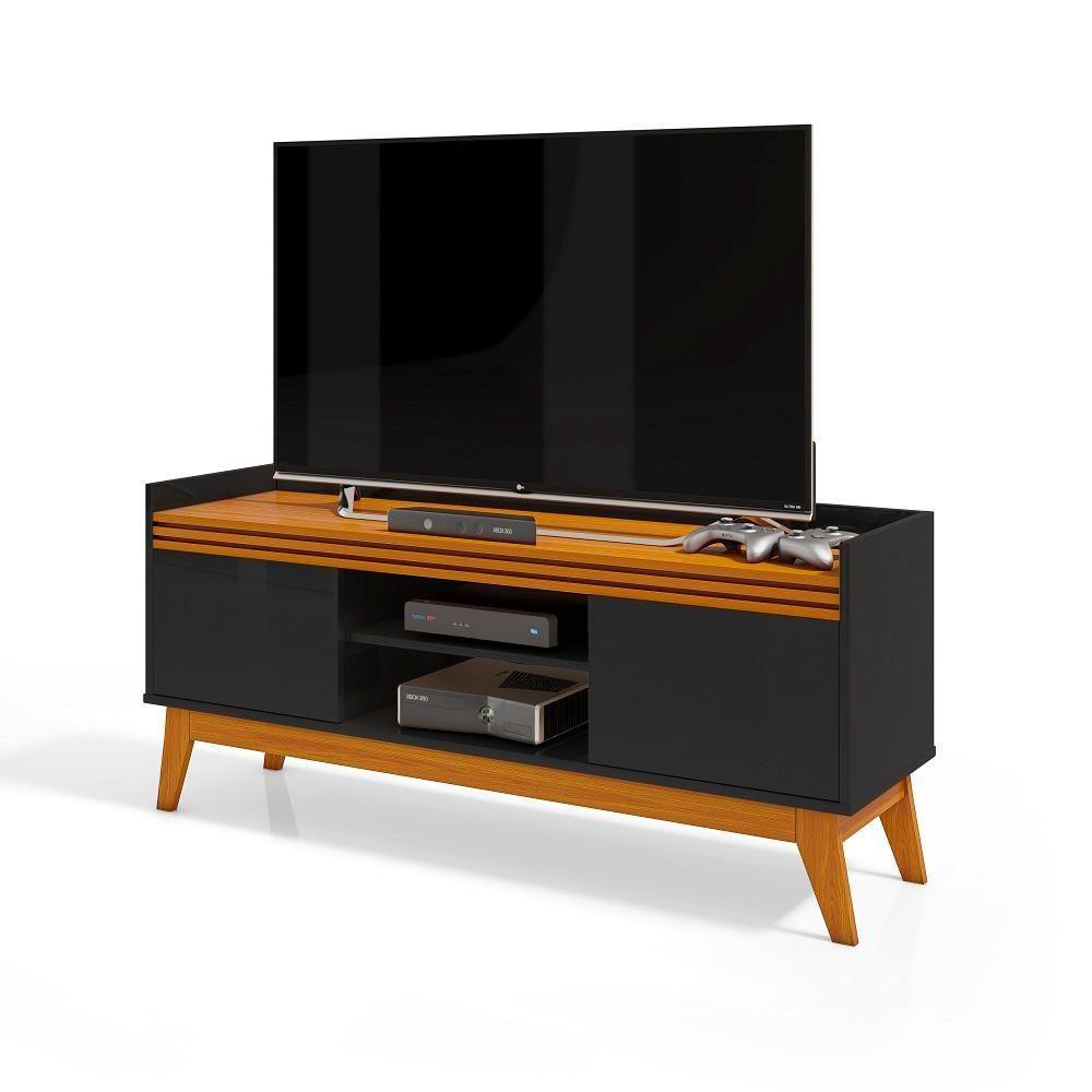 Painel Ripado Com Rack Tv 50 Polegadas 136cm Monaco - Preto E Cedro - 4