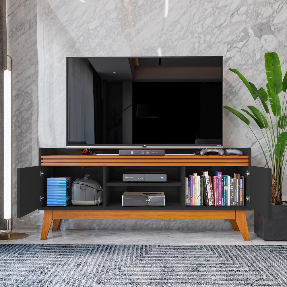 Painel Ripado Com Rack Tv 50 Polegadas 136cm Monaco - Preto E Cedro - 7