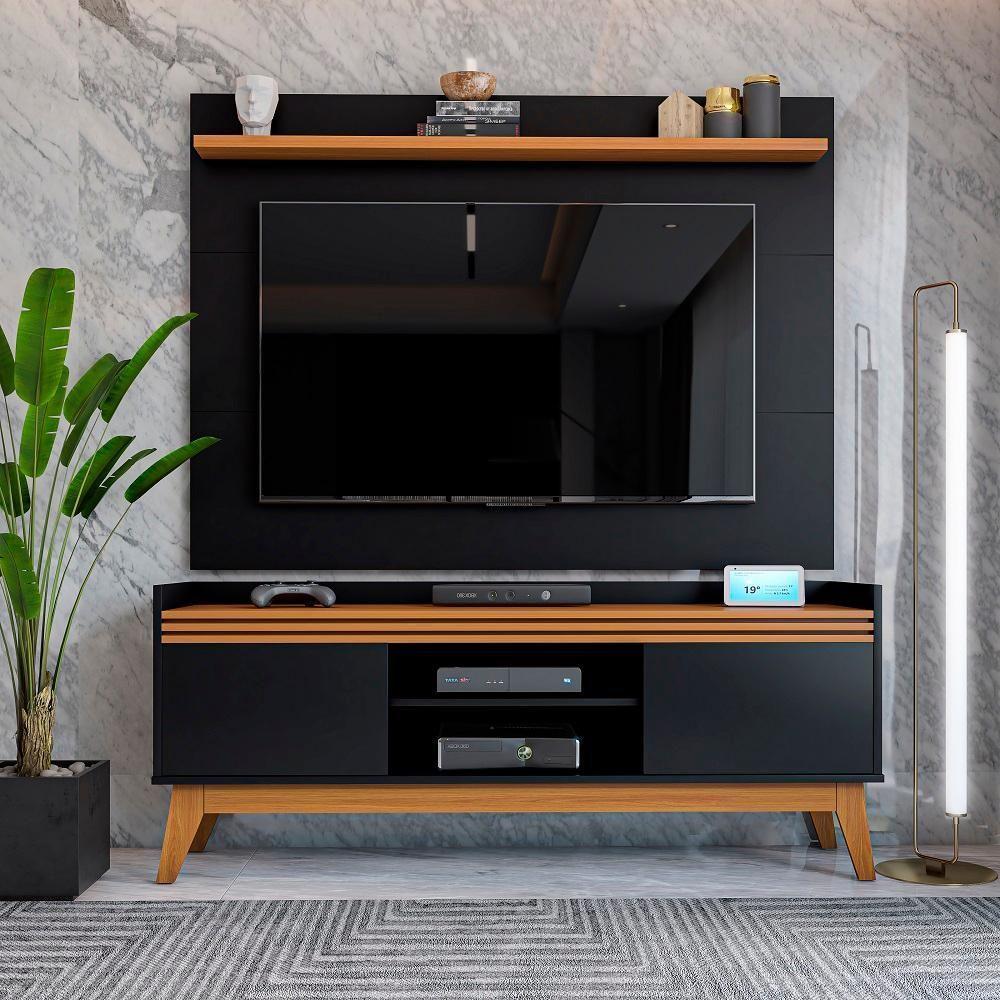 Painel Ripado Com Rack Tv 50 Polegadas 136cm Monaco - Preto E Cedro - 8