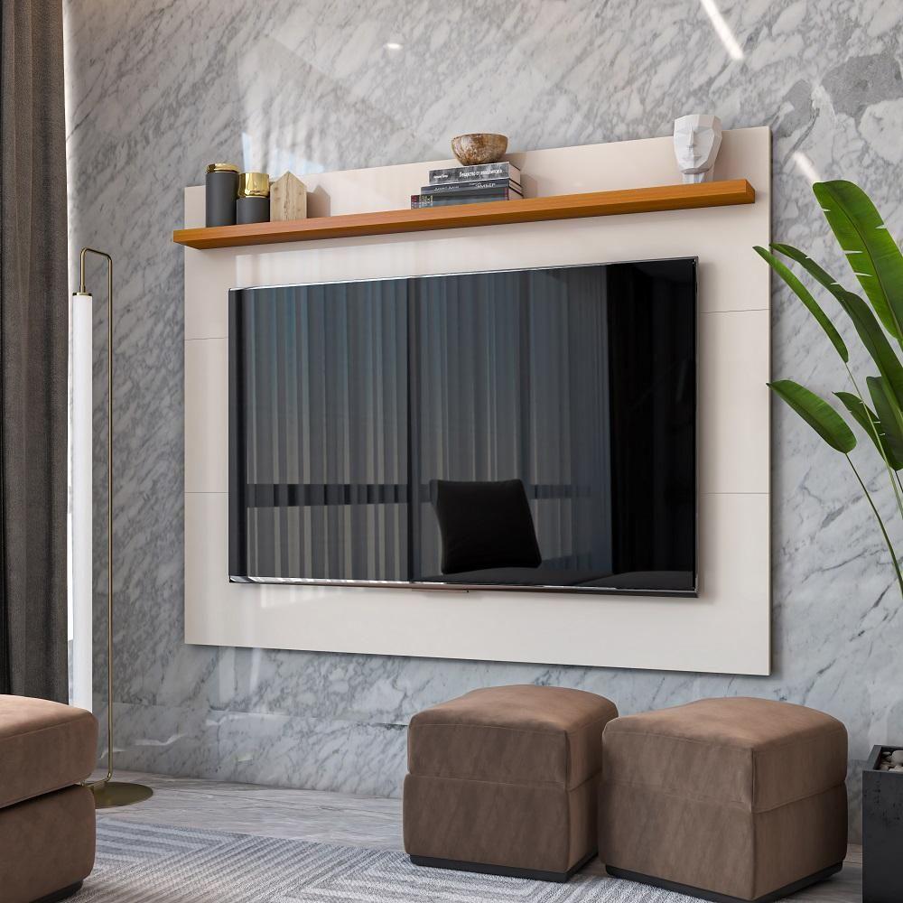 Painel Ripado Tv 50 Polegadas Com Prateleira Monaco - Off White E Cedro - 7