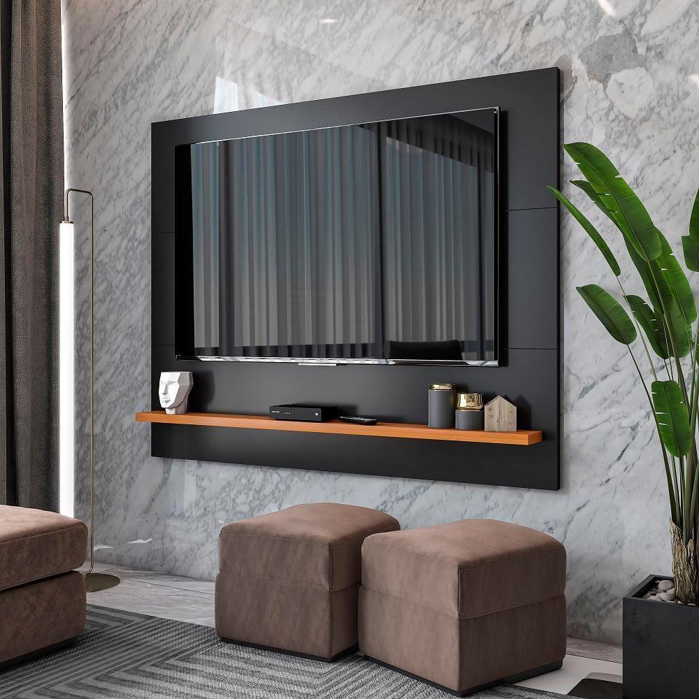 Painel Ripado Tv 50 Polegadas Com Prateleira Monaco - Preto E Cedro - 1