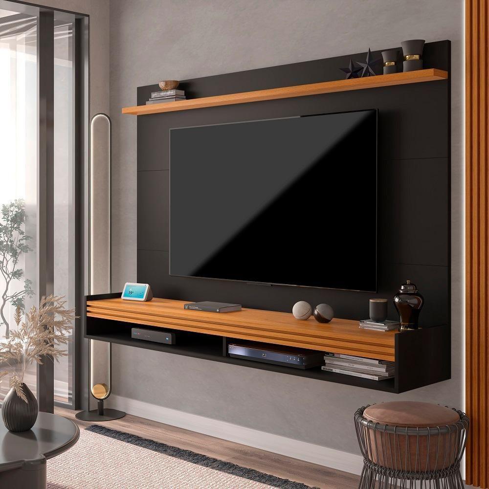 Painel Ripado Tv 55 Polegadas Com Nicho E Prateleira Ipanema - Preto E Cedro - 1