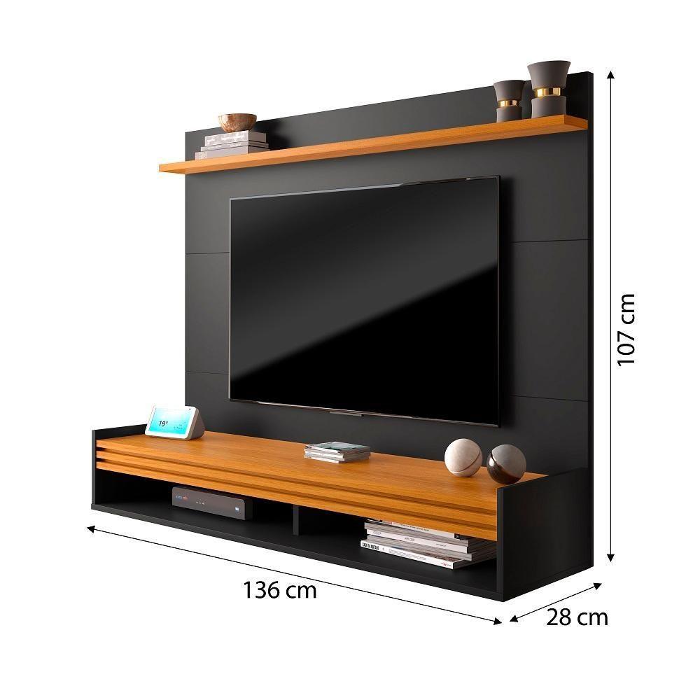 Painel Ripado Tv 55 Polegadas Com Nicho E Prateleira Ipanema - Preto E Cedro - 2