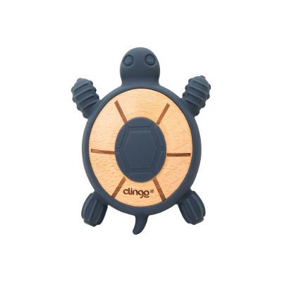 Chocalho De Madeira Tartaruga Azul Navy - Silicone Flexível E Seguro