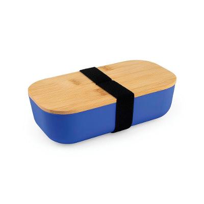 Lancheira Plástica 700ml Com Tampa De Bambu E Fecho Elástico Azul