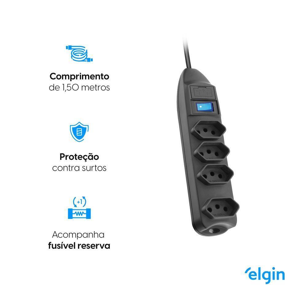 Protetor De Linha 4 Tomadas 2P +T Fusível Chave Liga/Desliga 1,5m - 3