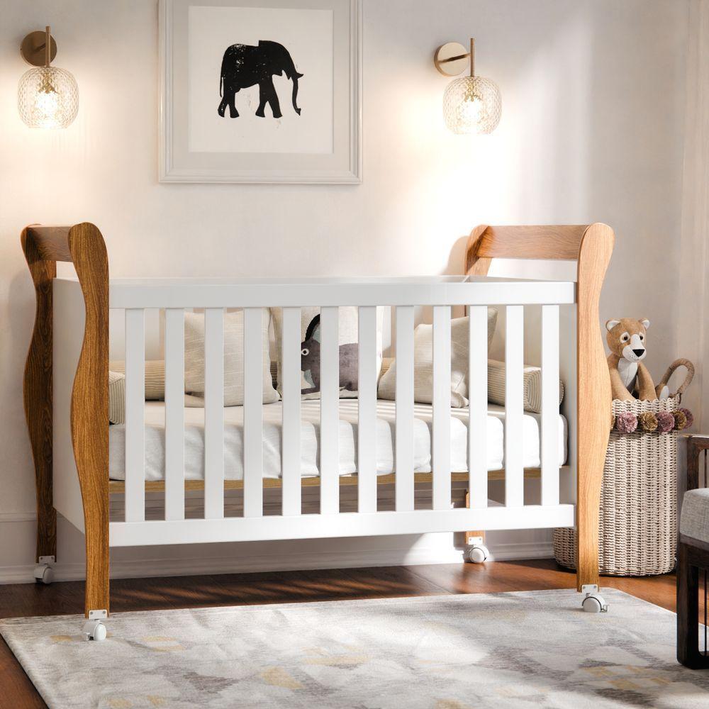 Berço Americano Slim Com Colchão E Rodízios 100% Em Mdf Branco Amadeirado - 1
