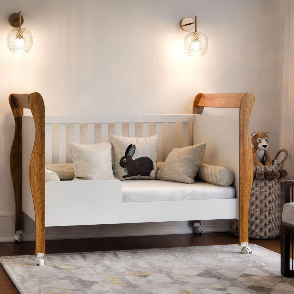 Berço Americano Slim Com Colchão E Rodízios 100% Em Mdf Branco Amadeirado - 2