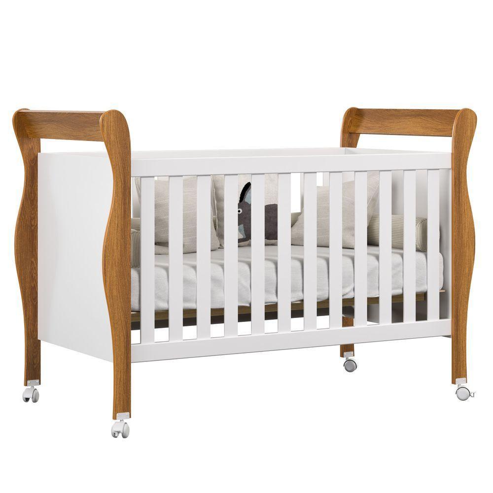 Berço Americano Slim Com Colchão E Rodízios 100% Em Mdf Branco Amadeirado - 3